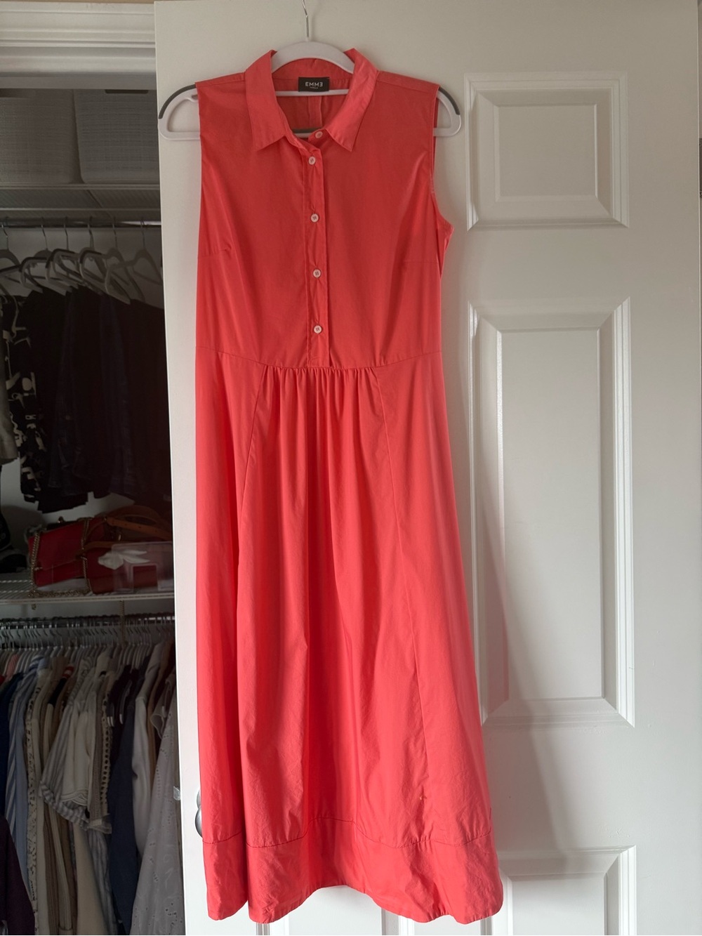 Sleeveless Coral Maxi Shirt Dress with Collar